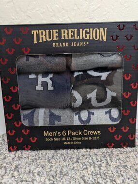 True Religion* Men's 6 Pack Crew Socks~ Sock Size 10-13 / Shoe Size 8-12.5